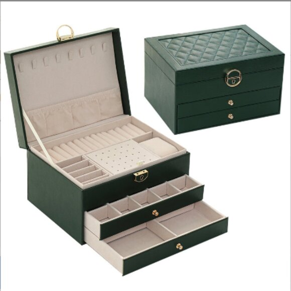 Best Gift Idea Three Layer Lockable PU Leather Jewelry Storage Box with Drawers - Picture 3 of 8